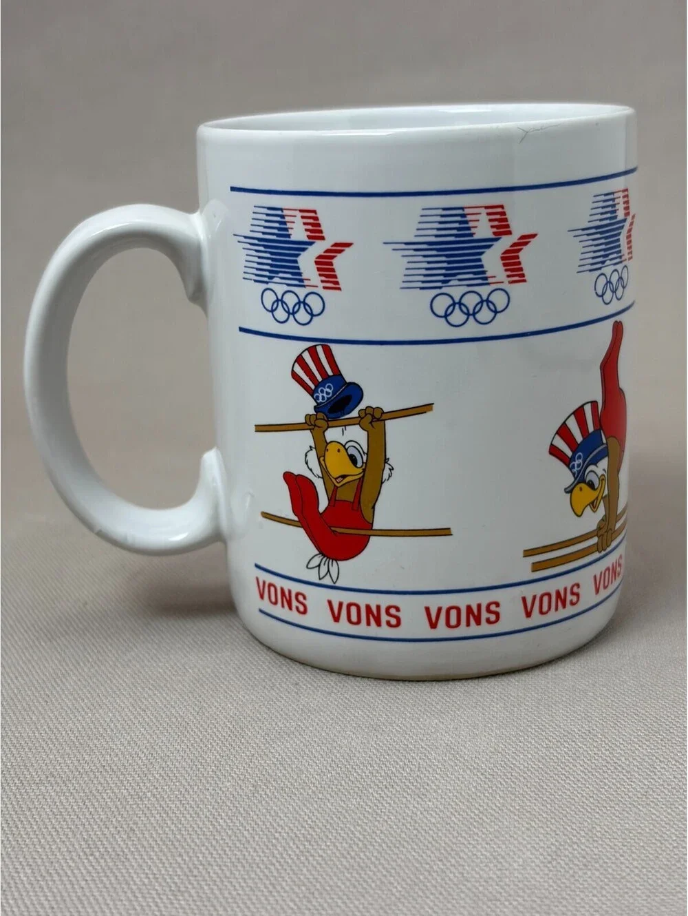 Vintage 1984 LA Olympics Sam the Eagle Gymnastics Mug Papel Vons Cup 10 oz
